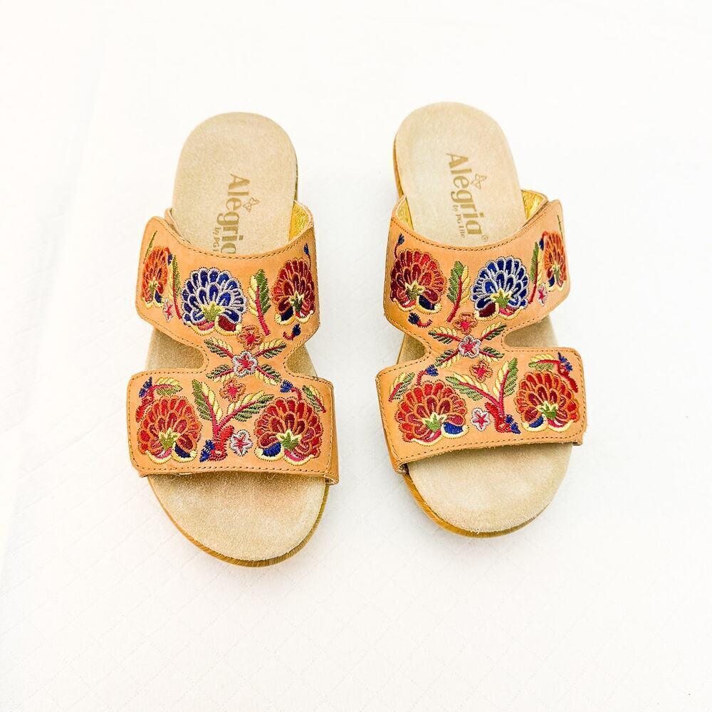 Alegria Leather Flower Embroidered Sandal Slip On Shoe Lin-647m Size 38